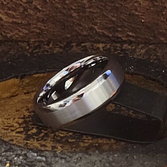 Engraved Men's Real Two Tone Silver Tungsten Wedding Ring Polished Matte Silver - Picture 7 of 8